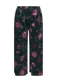 Sammet bredbyxorna i mörkgrön med stora rosa blommönster. Har en elastisk midja och en lös, svävande design.