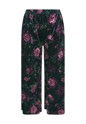 Pantaloni a gamba larga in velluto verde scuro con grandi motivi floreali rosa. Presentano un elastico in vita e un design morbido e fluido.