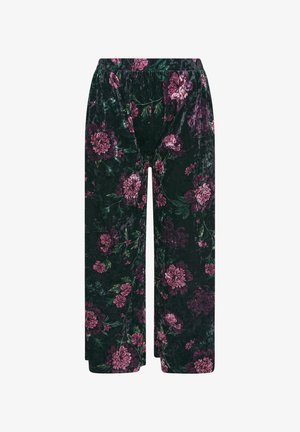 Samt-breite Hose in Dunkelgrün mit großen rosa Blumenmustern. Mit einem elastischen Bund und einem lockeren, fließenden Design.