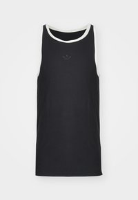 Svart linne med vit kant, med ribbad struktur och en liten svart logotypdetalj på bröstet. Klassisk atletisk design.