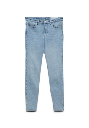Jean denim bleu clair à coupe slim avec cinq poches, fermeture à boutons et passants pour ceinture, présenté sur fond blanc.