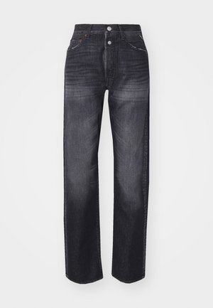 Mørk denim jeans med høy midje, rett benkutt, fem-lomme-design og metallknappedetaljer. Falmet mønster på stoffet.