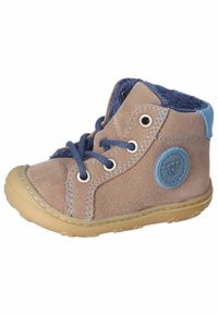 Stivaletti per bambini in pelle marrone con un accento blu, caratterizzati da un design con lacci, punta rotonda e suola in gomma. Superficie texture, dettaglio del logo.
