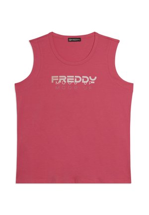 Camiseta sin mangas rosa con escote redondo y texto en negrita blanco "FREDDY MOOD UP" impreso en el frente.