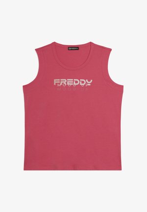 Canottiera rosa senza maniche con scollo rotondo e la scritta "FREDDY MOOD UP" stampata in bianco in grassetto sul davanti.
