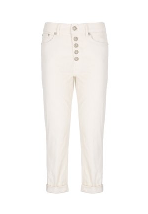 Pantaloni di cotone a coste bianchi con cinque bottoni frontali, orli risvoltati e dettagli delle tasche, esposti su uno sfondo semplice.