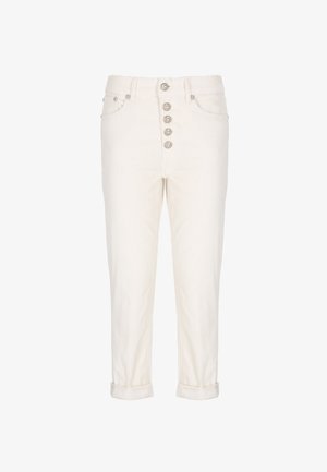 Pantaloni di cotone a coste bianchi con cinque bottoni frontali, orli risvoltati e dettagli delle tasche, esposti su uno sfondo semplice.