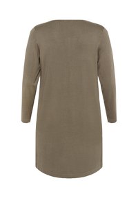 Langærmet, knælang cardigan i taupe med et simpelt bagsidedesign og uden synlige lukninger eller mønstre.