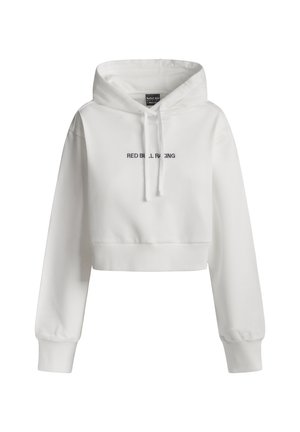 Felpa bianca corta con maniche lunghe, polsini e orlo a coste, cappuccio con coulisse e scritta "RED BULL RACING" sul petto.