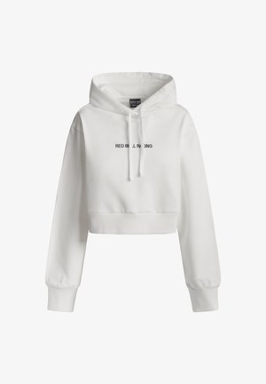 Witte cropped hoodie met lange mouwen, geribbelde manchetten en zoom, capuchon met trekkoord en de tekst "RED BULL RACING" op de borst.
