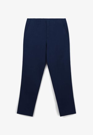 Pantalon bleu marine en tissu lisse avec deux poches avant, à jambe droite, et une taille épurée sans quincaillerie visible.
