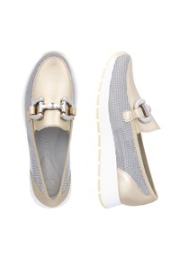 Metallisch goldene und graue Sneaker mit einem Obermaterial aus Mesh, silbernen Akzenten, erhöhter weißer Sohle und einer abgerundeten Zehenform. Strukturierte Oberfläche.