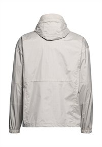 Hellgraue windbreakende Jacke mit Kapuze, die elastische Bündchen und eine glatte, strukturierte Oberfläche aufweist. Einfaches Design ohne sichtbare Markenkennzeichnung.