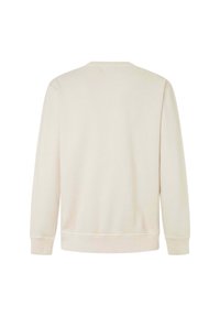 Sudadera de color crema claro, mezcla de algodón. Cuello redondo, puños y dobladillo acanalados, textura suave, diseño simple, sin gráficos ni patrones visibles.