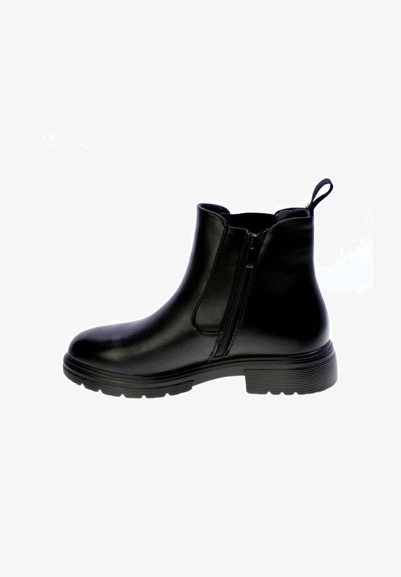 Stivale alla caviglia in pelle nera con zip laterale, manico per la presa e suola in gomma spessa, progettato per un uso casual o formale.