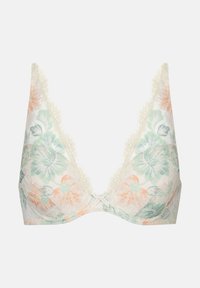 Romantische bh met kant in crème, met bloemenpatronen in pastel oranje en groen. Diepe halslijn met dunne bandjes en strikdetail in het midden.