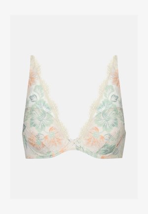 Romantische bh met kant in crème, met bloemenpatronen in pastel oranje en groen. Diepe halslijn met dunne bandjes en strikdetail in het midden.