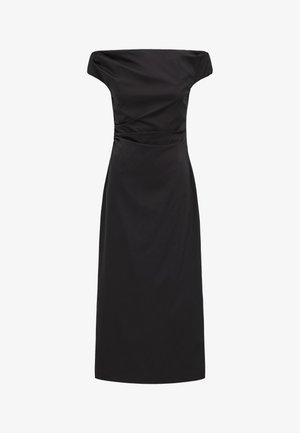 Fekete váll nélküli midi ruha, testhezálló felsőrésszel és finom ráncolt részlettel deréktájt.