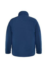 Marineblaue gepolsterte Jacke mit hohem Kragen, glatter Textur und elastischen Bündchen. Sie hat einen leicht abgerundeten Saum mit minimalen Nähdetails.