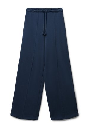 Pantalon large bleu marine en tissu doux, doté d'une taille élastique avec cordon de serrage pour un ajustement réglable et de deux coutures avant pour le design.