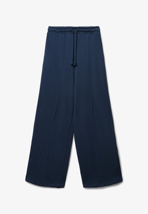 Pantaloni a gamba larga blu navy realizzati in tessuto morbido, con una vita elastica regolabile con un cordoncino e due cuciture frontali per il design.