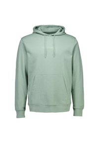 Felpa verde con cappuccio realizzata in tessuto morbido, con tasca a marsupio, coulisse sul cappuccio e un piccolo logo stampato sul petto.