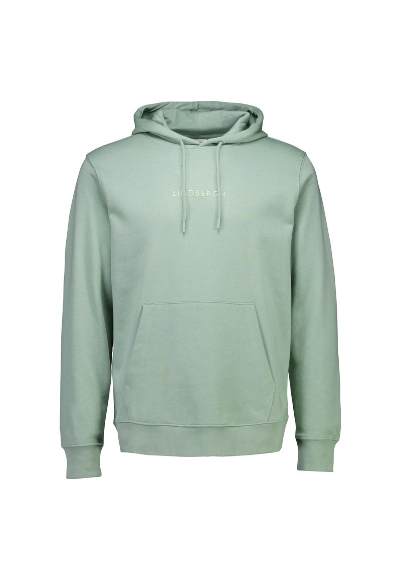 Felpa verde con cappuccio realizzata in tessuto morbido, con tasca a marsupio, coulisse sul cappuccio e un piccolo logo stampato sul petto.