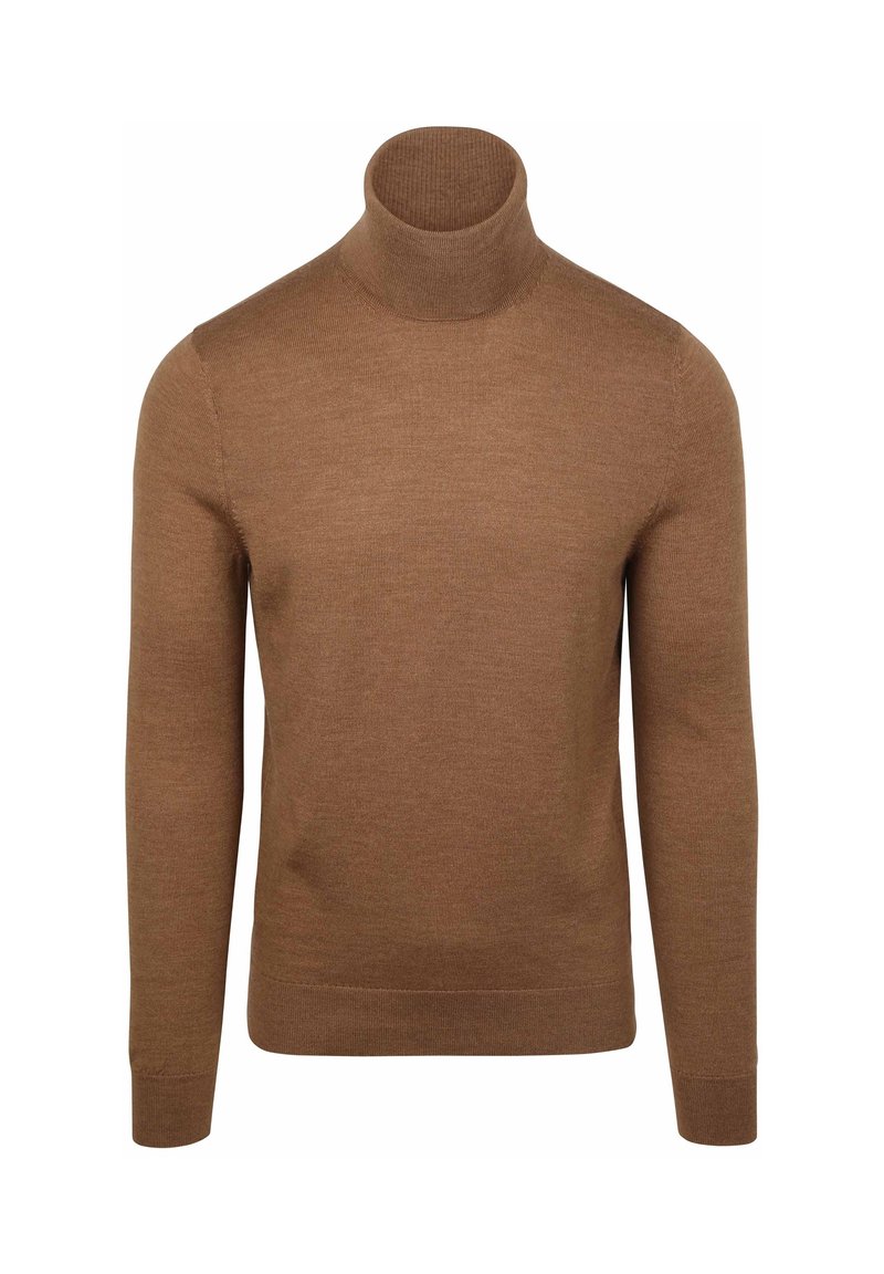 Bruine coltrui, gebreid materiaal, slim fit, lange mouwen, geribbelde kraag en manchetten, gladde textuur, geen zichtbare patronen of accenten.