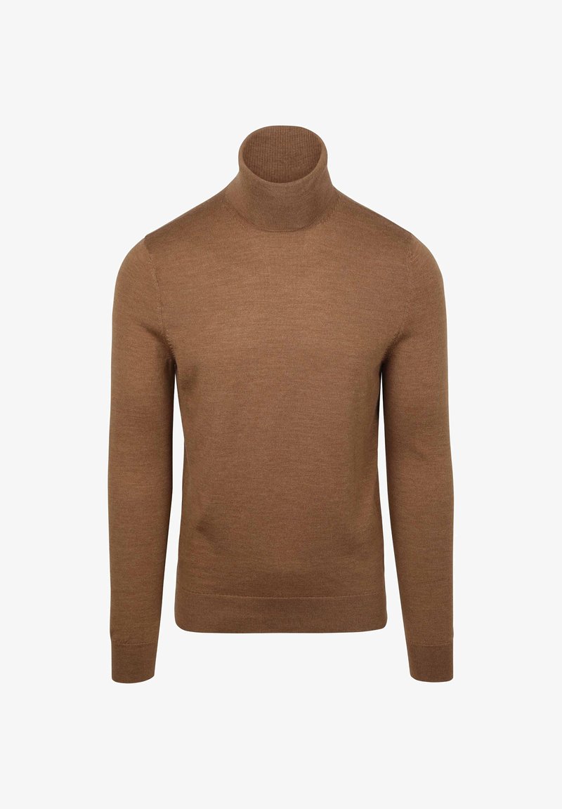 Bruine coltrui, gebreid materiaal, slim fit, lange mouwen, geribbelde kraag en manchetten, gladde textuur, geen zichtbare patronen of accenten.