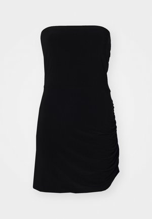 Vestido negro sin mangas en tejido ligero; presenta textura gather en el costado; diseño ajustado.