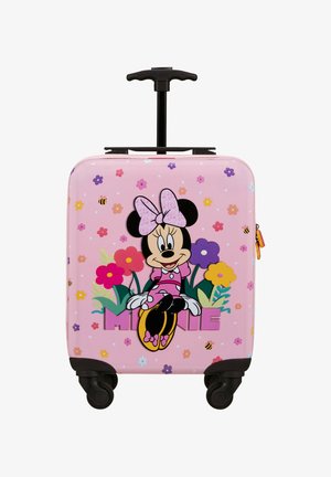 Rosa Rollenreisekoffer mit Minnie Mouse, die eine rosa Schleife und ein Kleid trägt, umgeben von bunten Blumen und kleinen Bienen.