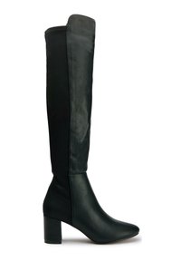 Knee-high black boots featuring a combination of smooth leather and elastic fabric, pointed toe, and a chunky heel.