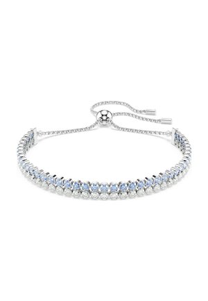 Braccialetto regolabile in argento con due file di gemme rotonde trasparenti e azzurro chiaro, con chiusura scorrevole e estremità a catena.