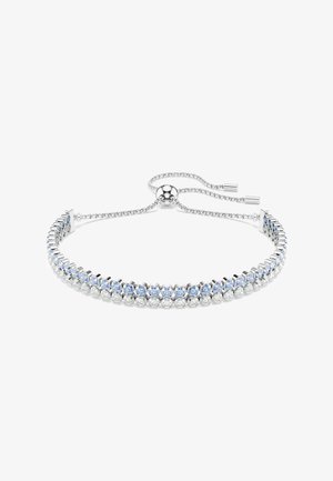 Bracelet ajustable en argent avec deux rangées de pierres rondes transparentes et bleu clair, doté d’un fermoir coulissant et de chaînes aux extrémités.