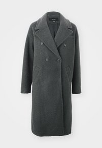 Sötétszürke gyapjúkeverék kabát, dupla gombolású kialakítással, hegyes gallérral, két elülső zsebbel és textúrált anyaggal.