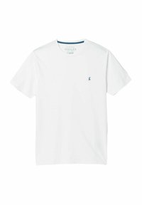 Valge puuvillane T-särk ümarate kaelustega, lühikeste varrukatega ja vasakul rinnal väikese sinise logoga. Sile tekstuur ja lihtne disain.