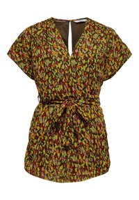 Bluzka w kwiaty w odcieniach zieleni, różu i pomarańczy. Krótkie rękawy, dekolt w serek z wycięciem z tyłu oraz materiałowy pasek do regulacji. Lekka tekstura.