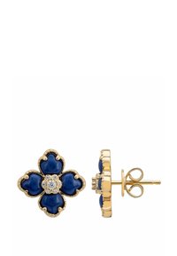 Guldtonade blommformade studörhängen med mörknavy emaljpets och en central klar sten, som visar en polerad yta och texturerade kanter.