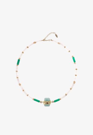 Perlenkette mit weißen, grünen und goldenen Elementen und einer zentralen türkisen Perle. Sie verfügt über einen zarten Kettenverschluss.