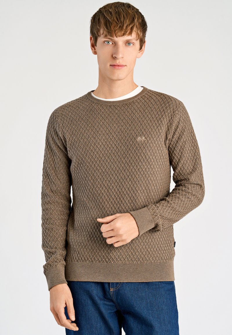 Pull marron à motif losanges en maille, avec un col rond, des poignets côtelés et un logo discret sur la poitrine.