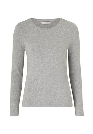 Szary t-shirt z długim rękawem wykonany z miękkiego materiału, z okrągłym dekoltem i dopasowanym krojem, bez widocznych wzorów lub akcentów.