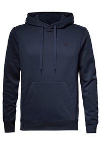 Sudadera con capucha azul marino hecha de tela suave, con un bolsillo tipo canguro, capucha con cordones y un pequeño logo negro en el pecho.
