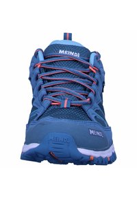 Blue hiking shoe with mesh upper, orange accents, and thick sole. Features prominent lacing and logo detailing on the side and tongue.