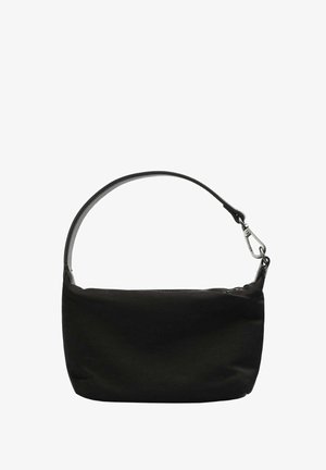Black fabric shoulder bag with a curved shape, adjustable leather strap, and silver hardware. Smooth texture with no visible patterns.