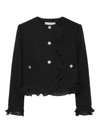 Schwarze Jacke aus strukturiertem Stoff, mit Rüschendetails an der Vorderseite und den Ärmelabschlüssen sowie silbernen Druckknöpfen, ausgestattet mit zwei Vordertaschen.