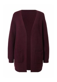 Cardigan in magenta lavorato a maglia con apertura frontale, maniche lunghe e due tasche frontal. Presenta una texture a coste e arriva sotto i fianchi.