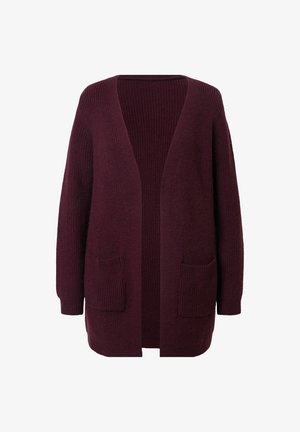 Burgunderfarbener Strickcardigan mit offenem Vorderteil, langen Ärmeln und zwei vorderen Taschen. Verfügt über eine gerippte Textur und reicht bis unter die Hüften.