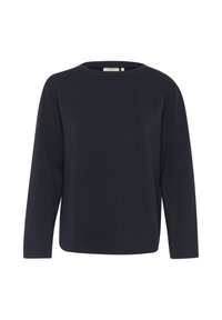Tmavě modrý dlouhý rukáv top vyrobený z měkké látky, se zaobleným výstřihem a volným střihem. Minimalistický design bez viditelných vzorů nebo akcentů.