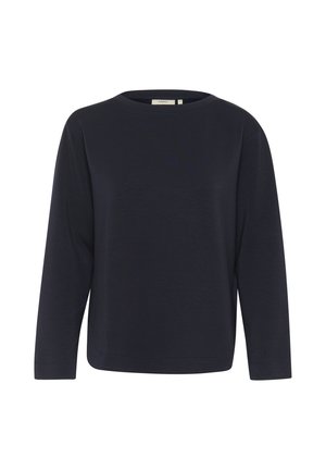 Tmavě modrý dlouhý rukáv top vyrobený z měkké látky, se zaobleným výstřihem a volným střihem. Minimalistický design bez viditelných vzorů nebo akcent�ů.