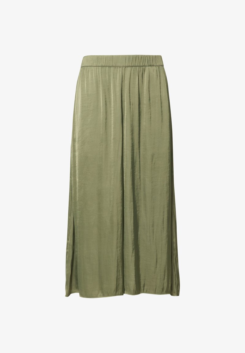 Olijfgroene midi-rok met elastische tailleband en zijsplitten, gemaakt van glad, glanzend stof.